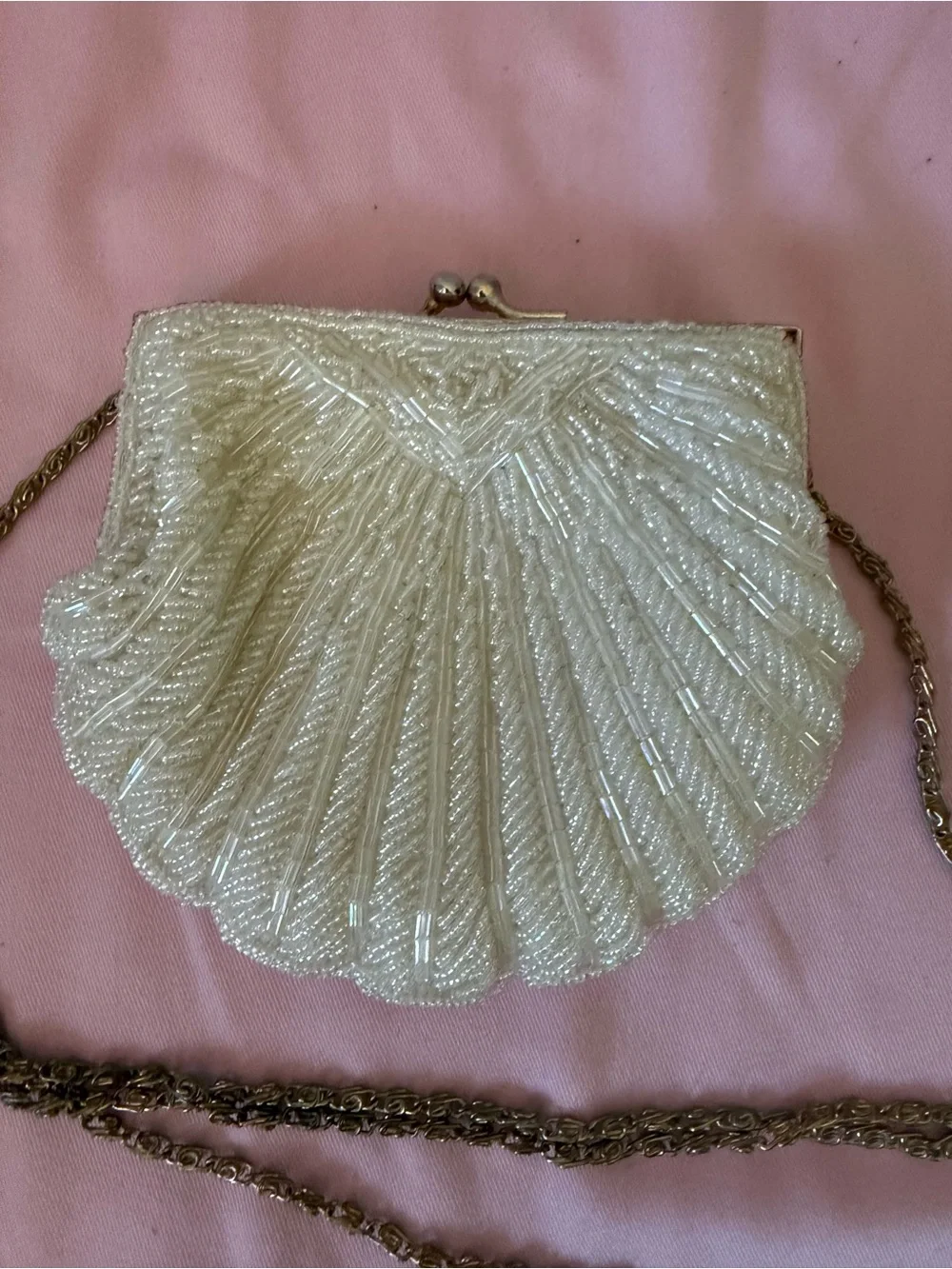 La Regale Vintage Beaded Shell Clutch with Chain